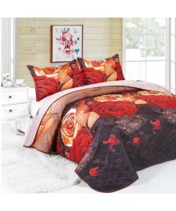 Cuvertura cu Trandafiri in Doua Culori pentru Pat Dublu, 3 Piese, Poliester, C02/F034 Cuvertura cu Trandafiri in Doua Culori pentru Pat Dublu, 3 Piese, Poliester, C02/F034