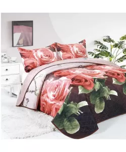 Cuvertura cu Trandafiri pentru Pat Dublu, 3 Piese, Poliester, C02/F032 Cuvertura cu Trandafiri pentru Pat Dublu, 3 Piese, Poliester, C02/F032