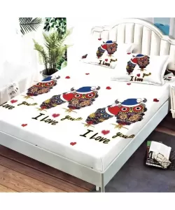 Husa Alba cu Bufnite si Text pentru Pat Dublu si 2 Fete de Perna, 180*200 cm, Bumbac, HS/58 Husa Alba cu Bufnite si Text pentru Pat Dublu si 2 Fete de Perna, 180*200 cm, Bumbac, HS/58