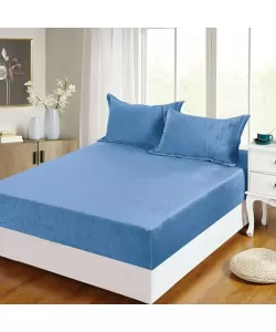 Husa Albastra pentru Pat Dublu si 2 Fete de Perna, 180*200 cm, Frotir, H02/217 Husa Albastra pentru Pat Dublu si 2 Fete de Perna, 180*200 cm, Frotir, H02/217