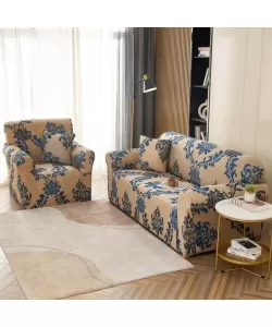 Husa Fotoliu + Fata de Perna, 90*140cm, Bumbac elastic, Crem/Albastru, FT51 Husa Fotoliu + Fata de Perna, 90*140cm, Bumbac elastic, Crem/Albastru, FT51