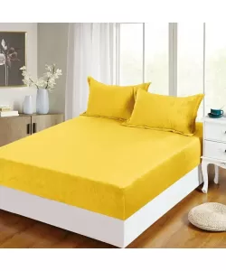 Husa Galbena pentru Pat Dublu si 2 Fete de Perna, 180*200 cm, Frotir, H02/214 Husa Galbena pentru Pat Dublu si 2 Fete de Perna, 180*200 cm, Frotir, H02/214