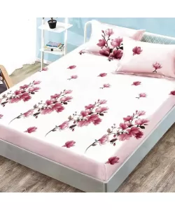 Husa Roz cu Design Floral pentru Pat Dublu cu 2 Fete de Perna, Bumbac, 180*200 cm, HS/44 Husa Roz cu Design Floral pentru Pat Dublu cu 2 Fete de Perna, Bumbac, 180*200 cm, HS/44