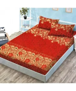 Husa cu Trandafiri si Inseratii Aurii pentru Pat Dublu si 2 Fete de Perna, Bumbac, 180*200 cm, HS/50 Husa cu Trandafiri si Inseratii Aurii pentru Pat Dublu si 2 Fete de Perna, Bumbac, 180*200 cm, HS/50