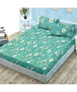 Husa Verde cu Flori de Primavara pentru Pat Dublu si 2 Fete de Perna, Bumbac, HS/48 Husa Verde cu Flori de Primavara pentru Pat Dublu si 2 Fete de Perna, Bumbac, HS/48