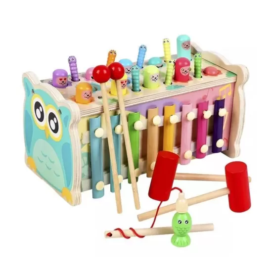 Joc Distractiv Multifunctional Micii Hamsteri Ascunsi cu Pestisori si Viermisori, 15 Piese, Lemn