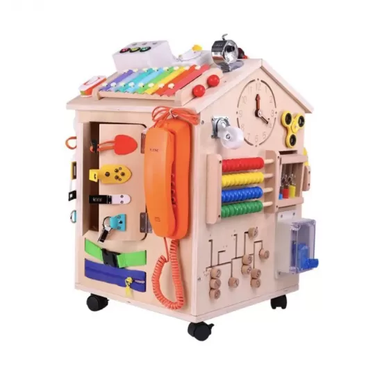 Jucarie Educativa Montessori tip Casuta Securizata, 20 Piese, Multicolor, Lemn, Metal si Plastic Jucarie Educativa Montessori tip Casuta Securizata, 20 Piese, Multicolor, Lemn, Metal si Plastic