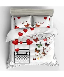 Lenjerie Alba cu Inimioare si Fluturi Multicolori, Pat 2 Persoane, 6 Piese, Bumbac Finet, F18/F Lenjerie Alba cu Inimioare si Fluturi Multicolori, Pat 2 Persoane, 6 Piese, Bumbac Finet, F18/F