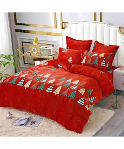 Lenjerie de Pat Cocolino pentru 2 Persoane, 6 Piese, Model Brazi de Craciun, Rosu Lenjerie de Pat Cocolino pentru 2 Persoane, 6 Piese, Model Brazi de Craciun, Rosu