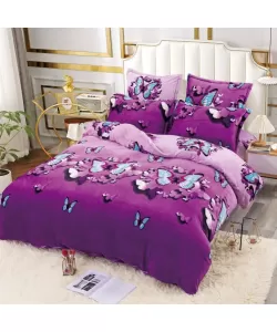 Lenjerie de Pat Cocolino pentru 2 Persoane, 6 Piese, Model Fluturi, Mov Lenjerie de Pat Cocolino pentru 2 Persoane, 6 Piese, Model Fluturi, Mov