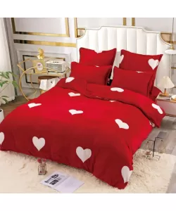 Lenjerie de Pat Cocolino pentru 2 Persoane, 6 Piese, Model Inimioare, Rosu Lenjerie de Pat Cocolino pentru 2 Persoane, 6 Piese, Model Inimioare, Rosu