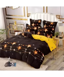 Lenjerie de Pat Cocolino pentru 2 Persoane, 6 Piese, Model Stelute, Negru si Galben Lenjerie de Pat Cocolino pentru 2 Persoane, 6 Piese, Model Stelute, Negru si Galben