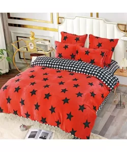 Lenjerie de Pat Cocolino pentru 2 Persoane, 6 Piese, Model Stelute, Negru si Rosu Lenjerie de Pat Cocolino pentru 2 Persoane, 6 Piese, Model Stelute, Negru si Rosu