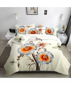 Lenjerie Flori si Fluturi, Pat 2 Persoane, 4 Piese, Imprimeu 5D, Bumbac si Poliester , F14/C Lenjerie Flori si Fluturi, Pat 2 Persoane, 4 Piese, Imprimeu 5D, Bumbac si Poliester , F14/C