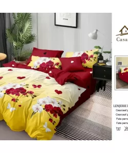 Lenjerie cu Rosu, Galben si Alb, Pat 2 Persoane, 6 Piese, Bumbac Finet, F20/60 Lenjerie cu Rosu, Galben si Alb, Pat 2 Persoane, 6 Piese, Bumbac Finet, F20/60
