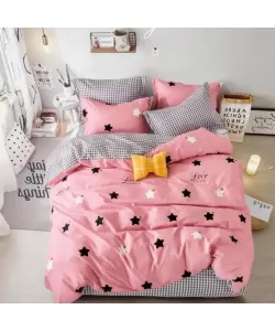 Lenjerie Roz cu Stelute Albe si Negre, Pat 2 Persoane, 6 Piese, Bumbac Finet, 760/83 Lenjerie Roz cu Stelute Albe si Negre, Pat 2 Persoane, 6 Piese, Bumbac Finet, 760/83