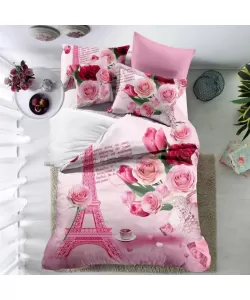 Lenjerie Turnul Eiffel si Trandafiri, Pat 2 Persoane, 6 Piese Bumbac Finet, F18/7 Lenjerie Turnul Eiffel si Trandafiri, Pat 2 Persoane, 6 Piese Bumbac Finet, F18/7