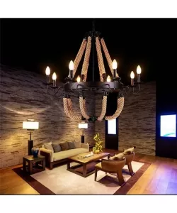 Lustra Circulara, 8*E14, Negru, Metal si Sfoara