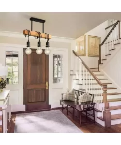 Lustra Ema, 3*E27, Maro, Metal si Lemn