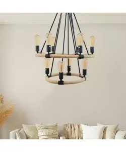 Lustra Rustica, 10*E27, Maro, Metal si Sfoara