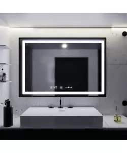 Oglinda LED Senzor Amelia Sistem Dezaburire Rama Negru Brushed Ceas Temperatura 100x80 cm Colectia Marcello Funghi Oglinda LED Senzor Amelia Sistem Dezaburire Rama Negru Brushed Ceas Temperatura 100x80 cm Colectia Marcello Funghi