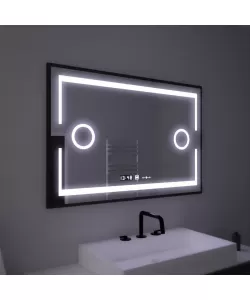 Oglinda LED Touch cu Functie Dezaburire Ceas si Lupa Cosmetica Rama Neagra 120x80 cm, colectia Marcello Funghi Oglinda LED Touch cu Functie Dezaburire Ceas si Lupa Cosmetica Rama Neagra 120x80 cm, colectia Marcello Funghi