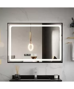 Oglinda LED Touch cu Functie Dezaburire si Ceas, Rama Negru Mat, 100x65cm