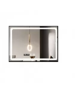 Oglinda LED Touch cu Functie Dezaburire si Ceas, Rama Negru Mat, 100x65cm