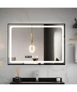 Oglinda LED Touch cu Functie Dezaburire si Ceas, Rama Negru Mat, 120x80cm
