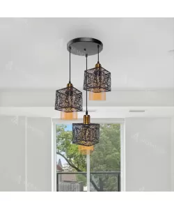 Pendul Floralis, 3*E27, Negru, Metal si Sticla