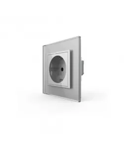 Priza Schuko simpla, borne fara surub, cu rama sticla, Gri, Livolo Priza Schuko simpla, borne fara surub, cu rama sticla, Gri, Livolo