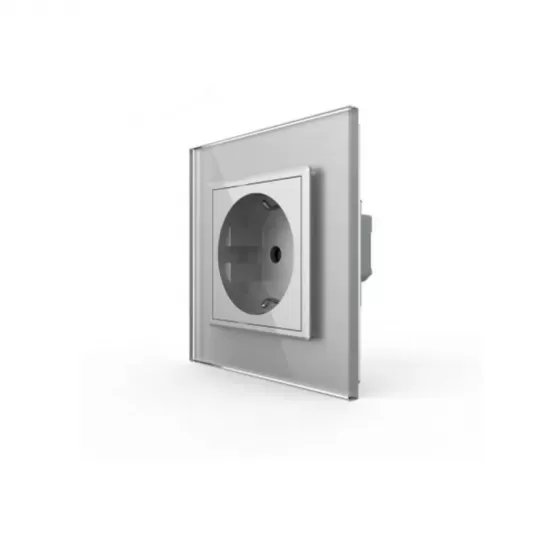 Priza Schuko simpla, borne fara surub, cu rama sticla, Gri, Livolo Priza Schuko simpla, borne fara surub, cu rama sticla, Gri, Livolo