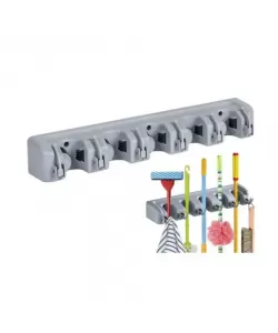 Suport Multifunctional de Perete, 5 Spatii si 6 Cuiere, Gri, Plastic