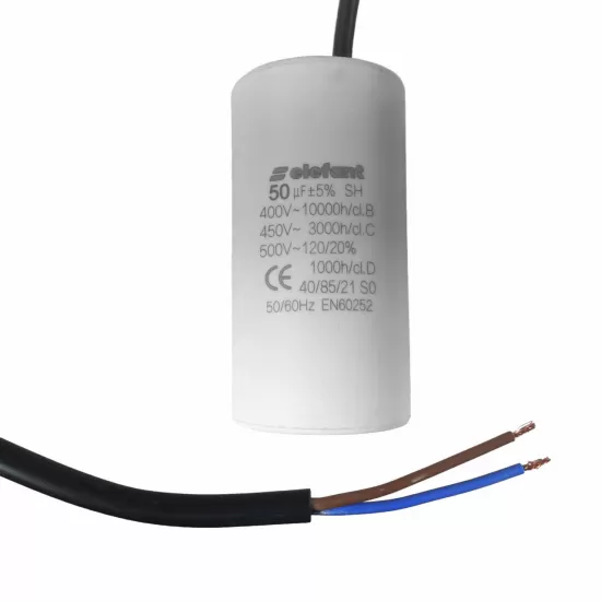 Condensator cu fire CBB60 50µF 50x95mm 450V, Elefant Condensator cu fire CBB60 50µF 50x95mm 450V, Elefant