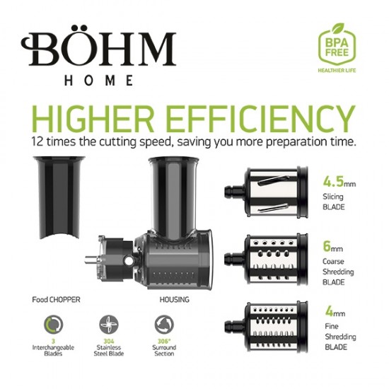 Storcător de fructe și legume cu presare la rece și răzătoare multifuncțională, 150 W,Material Fără BPA, BÖHM BM1533SM
