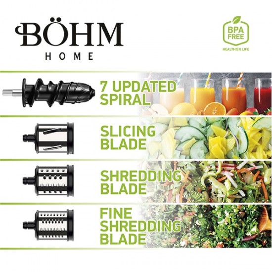 Storcător de fructe și legume cu presare la rece și răzătoare multifuncțională, 150 W,Material Fără BPA, BÖHM BM1533SM