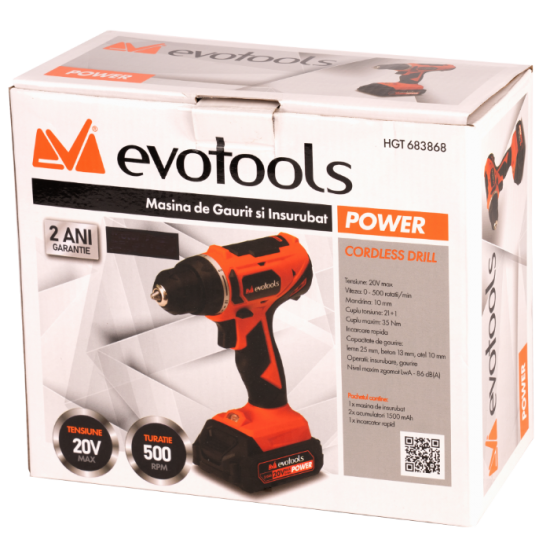 Masina de Gaurit si Insurubat POWER Evotools 35Nm cu 2 Acumulatori si Incarcator MAX 20V