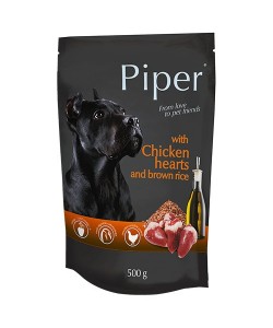 Hrana umeda pentru caini Piper Adult, Inimi de pui si Orez brun, 500 g