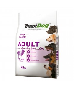 Hrana uscata pentru caini TropiDog, Premium Adult, tale medie si mare, miel & orez, 2.5 kg