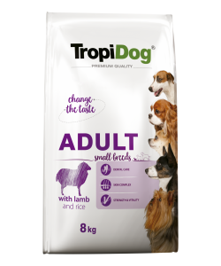 Hrana uscata pentru caini TropiDog, Premium Adult, tale mica, miel & orez, 8kg