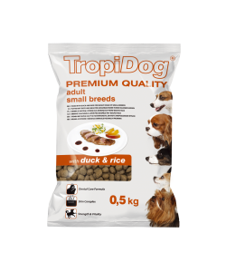 Hrana uscata pentru caini TropiDog, Premium Adult, tale mica, rata & orez, 500g