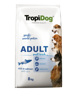 Hrana uscata pentru caini TropiDog, Premium Adult, tale mica, somon & orez, 8kg