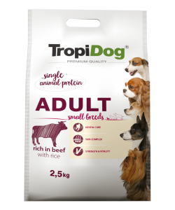 Hrana uscata pentru caini TropiDog, Premium Adult, tale mica, vita & orez, 2.5kg