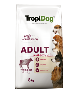Hrana uscata pentru caini TropiDog, Premium Adult, tale mica, vita & orez, 8kg