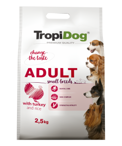 Hrana uscata pentru caini TropiDog, Premium Adult, tale mica, curcan & orez, 2.5kg