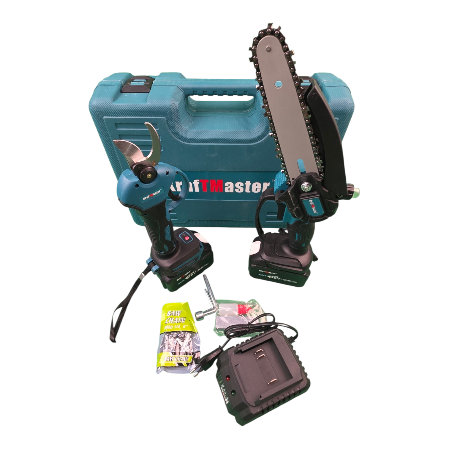 Chainsaws Foarfeca de vie si ferastrau 16cm - sina cu 2 lanturi, KRAFTROYAL, Lubrifiere automată, Fara perii, 36V. 8Ah. baterii