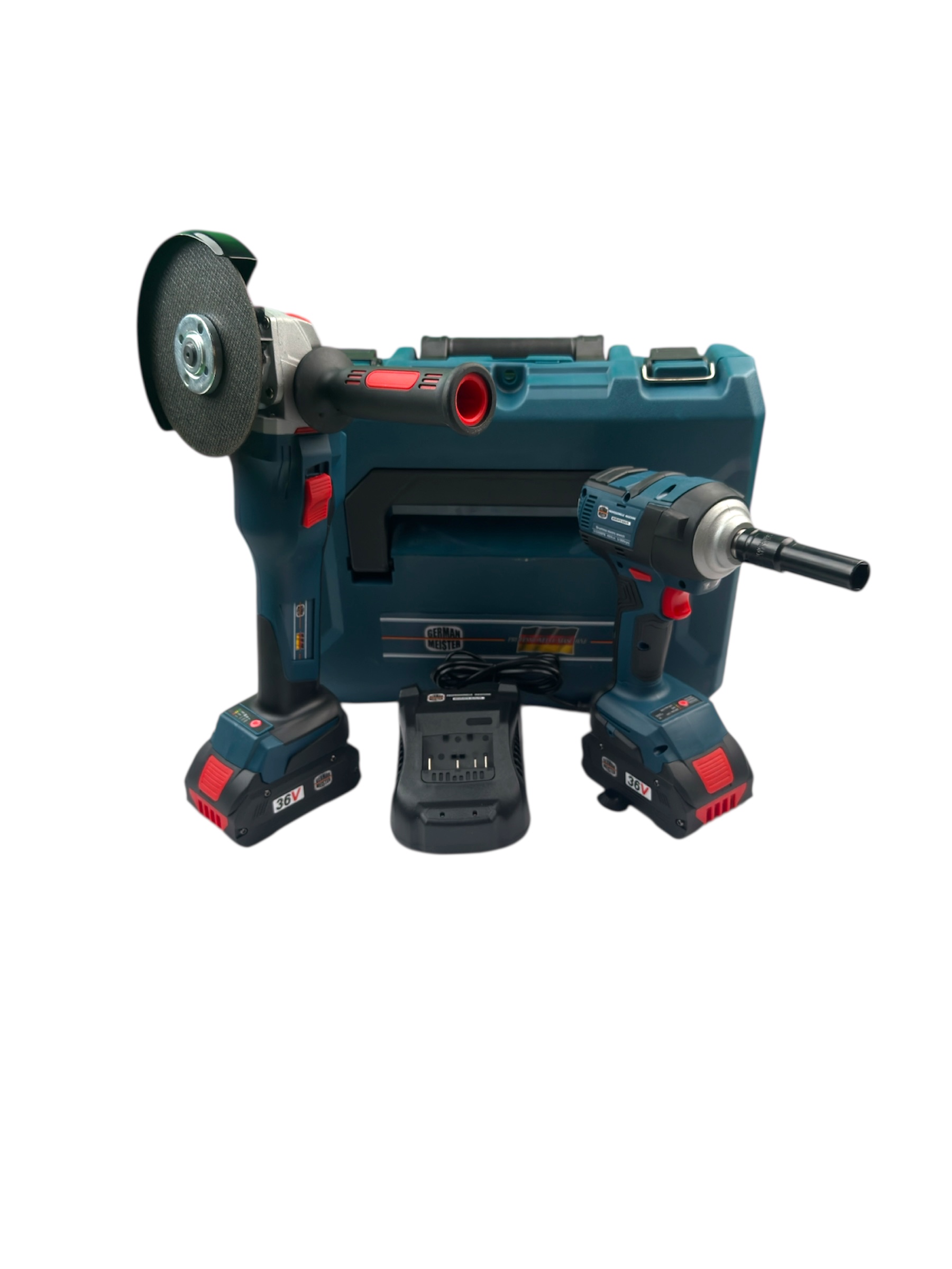 maşină de găurit şi înşurubat cu 2 acumulatori Set profesional German Meister 36V 8Ah – Flex si masina de insurubat cu impact + 2 acumulatori incarcator si valiza