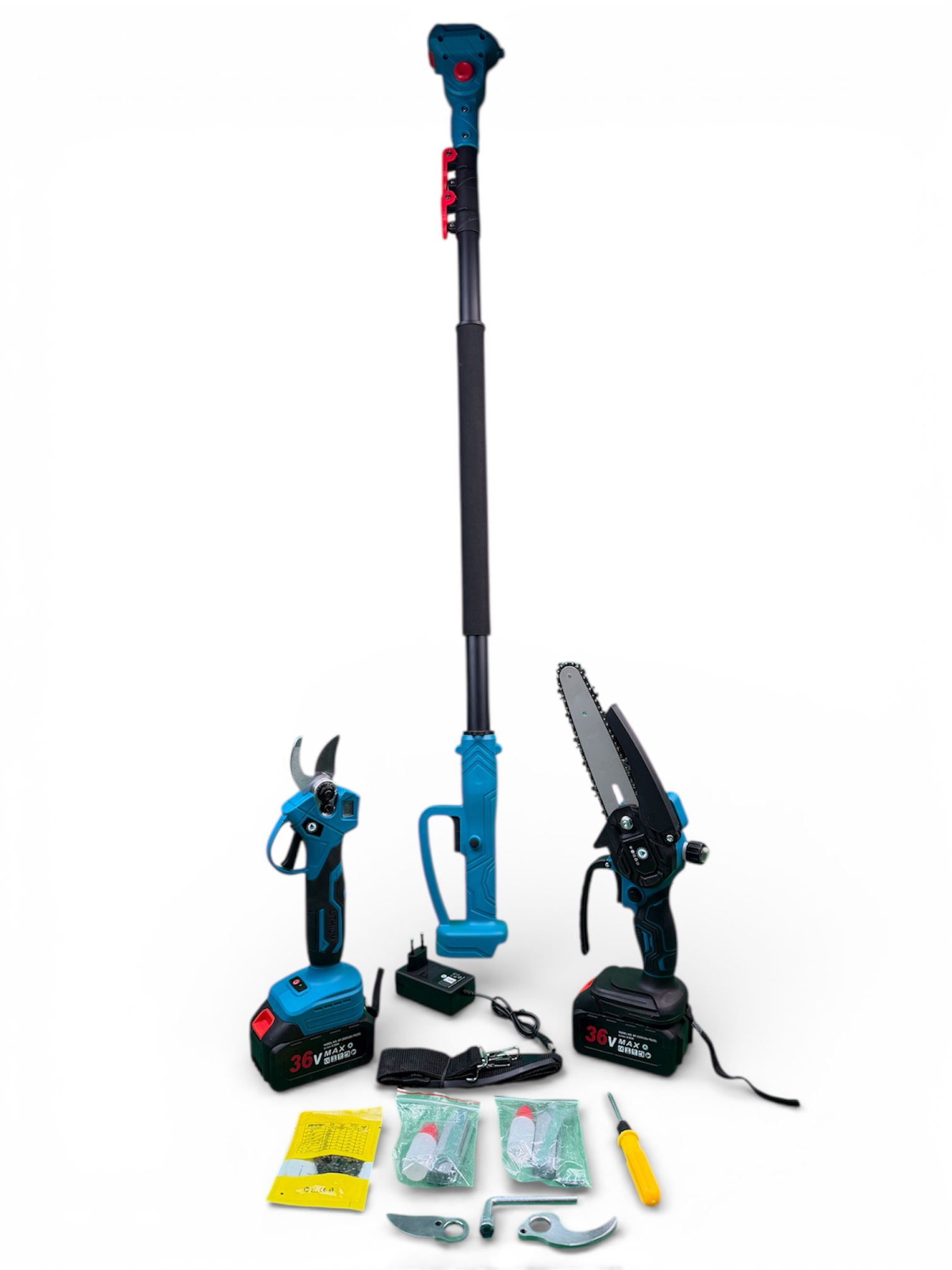 Weed Trimmers Set unelte gradina Taiga 3 In 1 cu 2 acumulatori 36 V 8 Ah – foarfeca electrica, mini drujba cu ungere automata și tija telescopica, lame rezerva