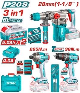 masina de tocat TOTAL - KIT COMBO 20V - CIOCAN ROTOPERCUTOR, MASINA DE GAURIT CU IMPACT, MASINA DE INSURUBAT (INCLUD