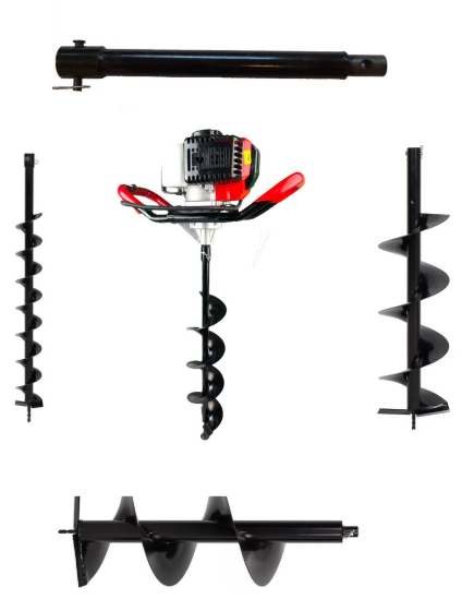 Pachet motoburghiu pamant, German Meister 8 Cp, 8000 Rpm, set burghie pamant 100, 150, 200 si 300mm si prelungitor burghiu 100mm